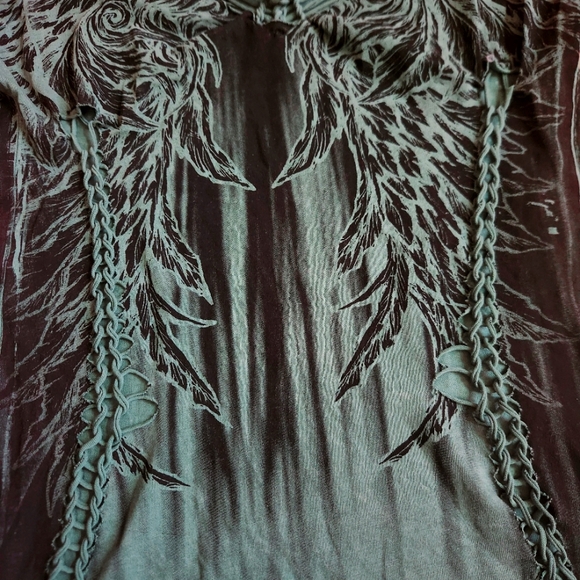 Affliction Briessa baby tee green braided cut out beaded size large - Picture 9 of 11